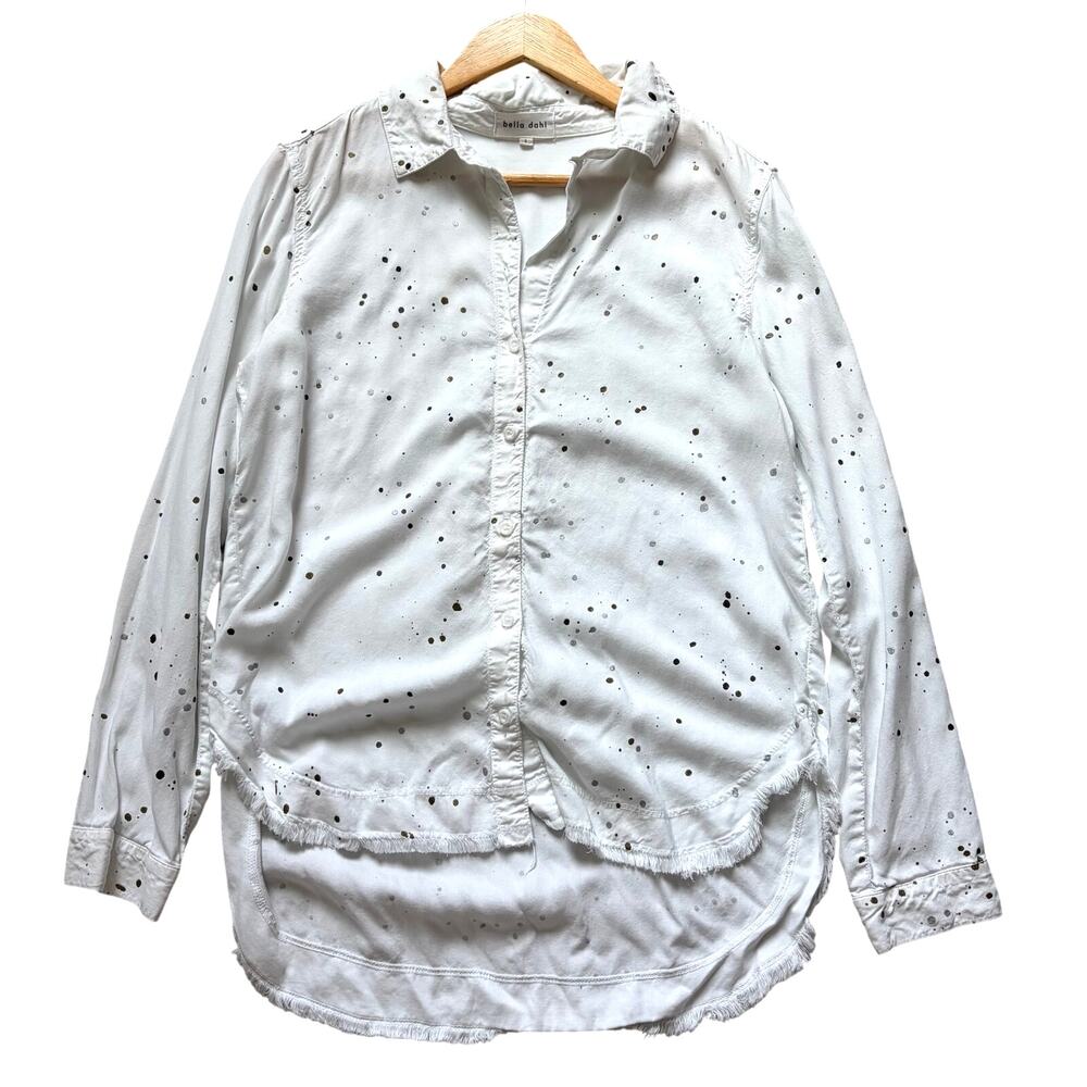 Bella Dahl Paint Splatter White Casual Shirt Size S Long Sleeve Raw Hem